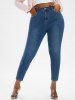 Plus Size Mock Button Patchwork Striped Top and Floral Applique Pencil Jeans Outfit -  