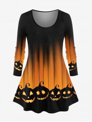 Halloween Long Sleeve Pumpkin Print Tee - ORANGE - 4X | US 26-28