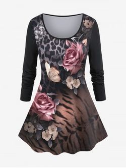 Plus Size Floral Leopard Long Sleeve T-shirt - BLACK - 1X | US 14-16