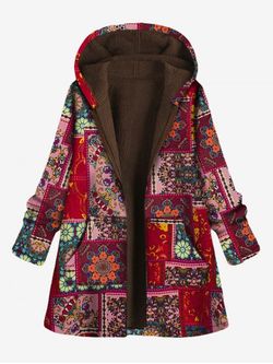 Plus Size Hooded Patchwork Print Fluffy Lined Long Coat - DEEP RED - 4XL