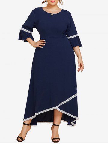 Plus Size Lace Panel High Low Flare Sleeves A Line Maxi Dress - DEEP BLUE - 2XL