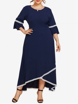 Plus Size Lace Panel High Low Flare Sleeves A Line Maxi Dress - DEEP BLUE - 3XL
