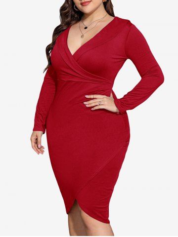 Plus Size Long Sleeves Solid Bodycon Party Surplice Dress - RED - XL