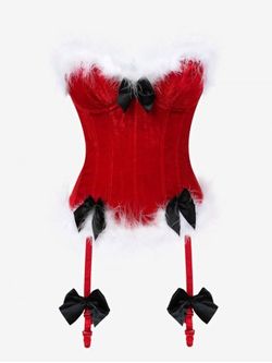 Plus Size Faux-fur Trim Velvet Bowknot Decor Gartered Bustier Corset Top - RED - 6XL