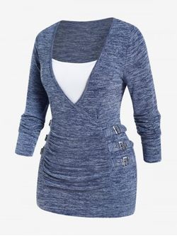 Plus Size Buckles Space Dye Long Sleeves Twofer Surplice Sweater - BLUE - 1X | US 14-16