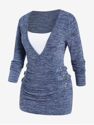 Plus Size Buckles Space Dye Long Sleeves Twofer Surplice Sweater