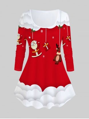 Plus Size Christmas Santa Claus Elk Printed Long Sleeves Tee