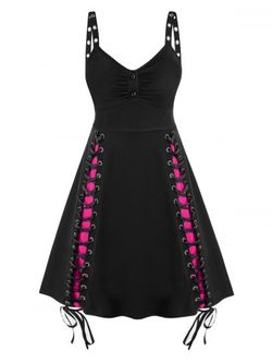 Gothic Grommets Lace-up Colorblock Sleeveless Dress - BLACK - 4X | US 26-28