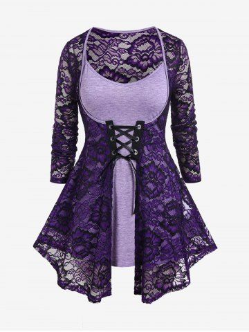 Plus Size Lace-up Sheer Lace Blouse and Camisole Twinset - PURPLE - 1X | US 14-16