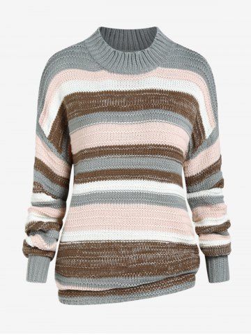 Plus Size Mock Neck Drop Shoulder Colorblock Sweater - COFFEE - S