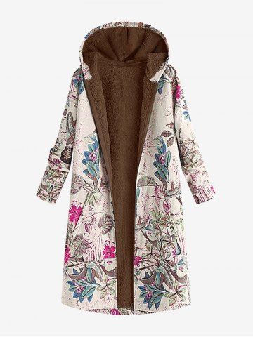 Plus Size Hooded Floral Print Longline Fluffy Coat - LIGHT PINK - L