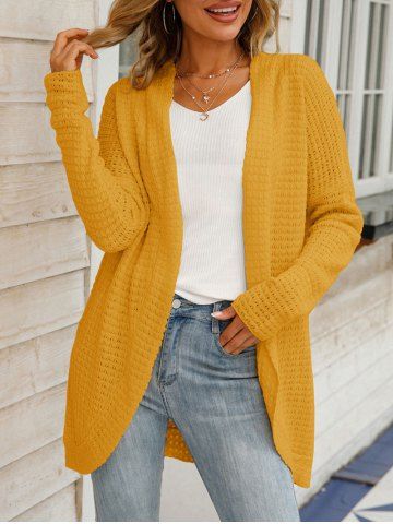 Plus Size Pointelle Knit Solid Open Front Long Cardiagn - DEEP YELLOW - M