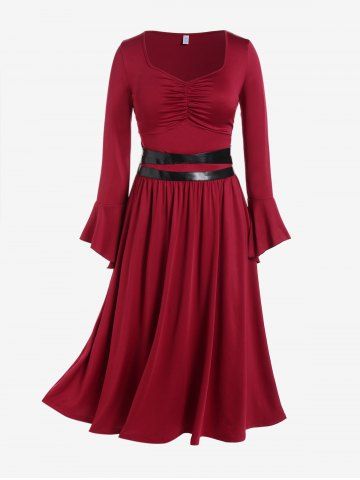 Plus Size Sweetheart Neck Ruched Contrast PU Panel Vintage Maxi Dress - DEEP RED - L | US 12
