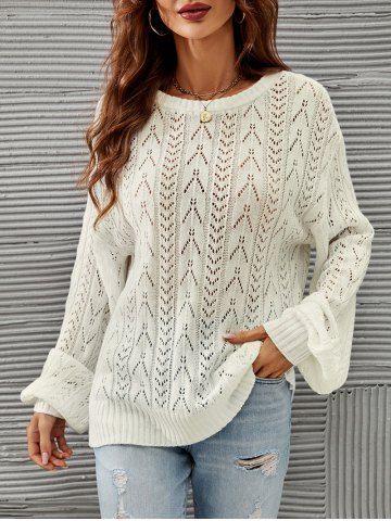 Plus Size Pointelle Knit Back Tie Drop Shoulder Sweater - WHITE - M