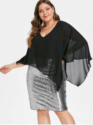 Plus Size Sequins Decor Sheath Cape Dress