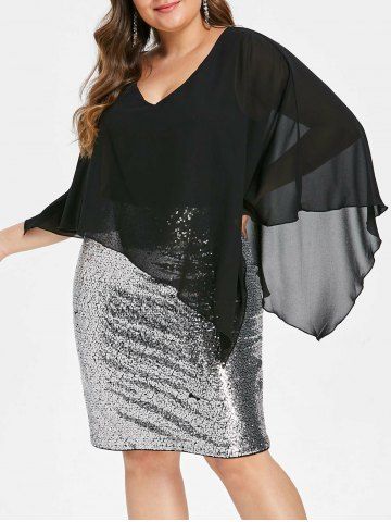 Plus Size Sequins Decor Sheath Cape Dress