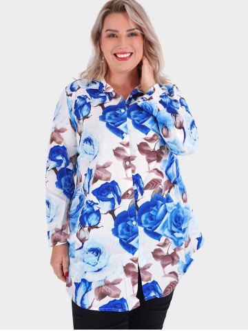 Plus Size Roll Up Sleeve Floral Print Shirt - LIGHT BLUE - 3X