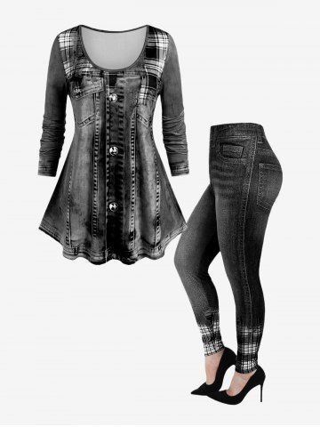 3D Denim T-shirt and Plaid Skinny Jeggings Plus Size Outfit