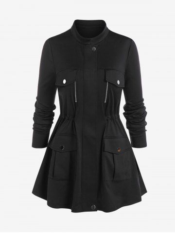 Plus Size Flap Pockets Drawstring Waist Jacket - BLACK - 2X | US 18-20