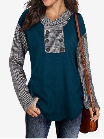 Plus Size Houndstooth Panel Button Decor Hooded Top - DEEP BLUE - L