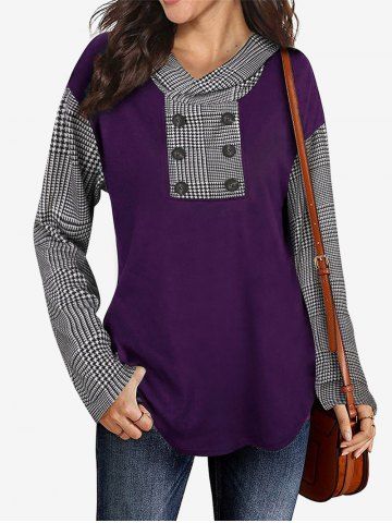 Plus Size Houndstooth Panel Button Decor Hooded Top - CONCORD - 3XL