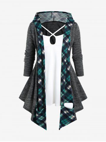 Plus Size Hooded Plaid Ribbed Cutout Twofer Tee with Pockets - GRAY - M | US 10