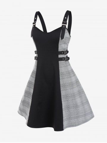 Plus Size Plaid Buckles Backless Vintage Sleeveless A Line Dress - BLACK - 1X | US 14-16