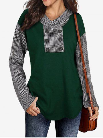 Plus Size Houndstooth Panel Button Decor Hooded Top - DEEP GREEN - 3XL