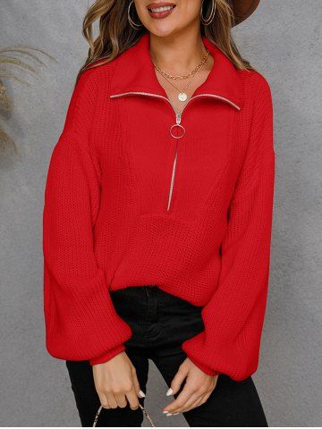 Plus Size Solid Half Zipper Drop Shoulder Sweater - RED - S