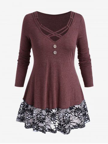 Plus Size Floral Lace Panel Crisscross T-shirt