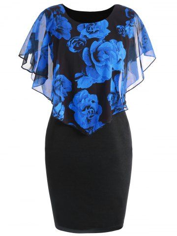 Plus Size Floral Overlay Sheath Capelet Dress - BLUE - XL