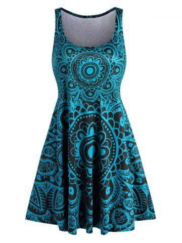Plus Size Ethnic Print Sleeveless Mini Skater Dress - DEEP BLUE - XL