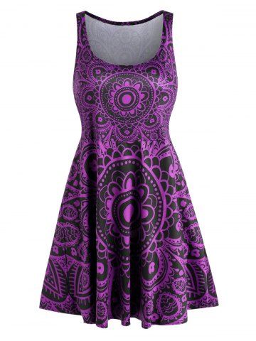 Plus Size Ethnic Print Sleeveless Mini Skater Dress - CONCORD - 5XL