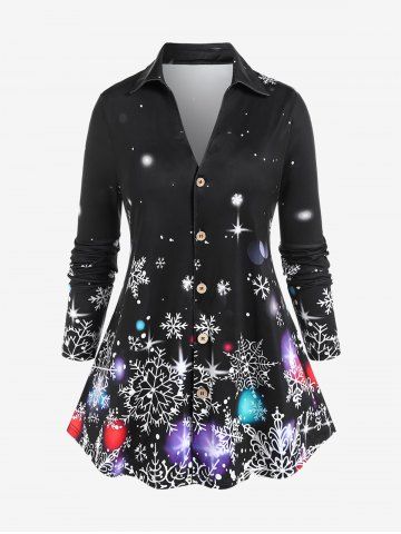 Plus Size 3D Sparkles Snowflakes Printed Christmas Shirt - BLACK - 3X | US 22-24