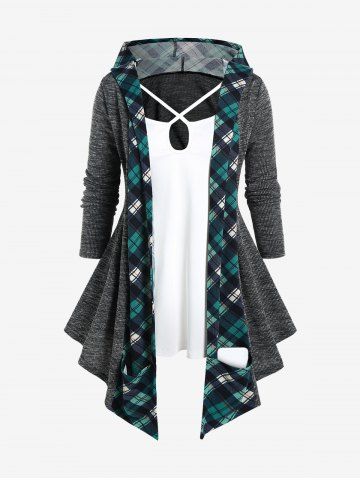 Camiseta de Talla Extra con Capucha Acanalado con Corte de Cuadros - GRAY - M | US 10