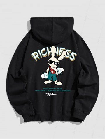 Letter RICHNESS Rabbit Graphic Printed Pullover Hoodie - BLACK - S