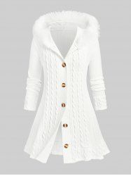 Plus Size Fuzzy Trim Hooded Cable Knit Cardigan -  