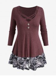 Plus Size Floral Lace Panel Crisscross T-shirt -  