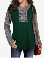 Haut à Capuche à Panneau Pied-de-Poule Orné de Bouton Grande Taille - Vert profond 2XL