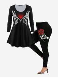 Ensemble de T-shirt à Imprimé Rose Cœur Squelette à Manches Longues et Legging Moulant - Noir 