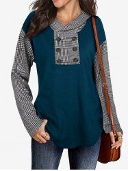 Plus Size Houndstooth Panel Button Decor Hooded Top -  