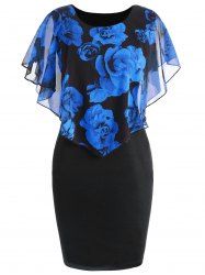 Robe Fourreau Cape Florale à Superposition Grande Taille - Bleu XL