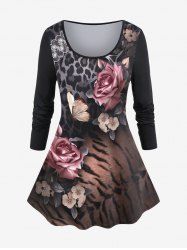 Plus Size Floral Leopard Long Sleeve T-shirt -  
