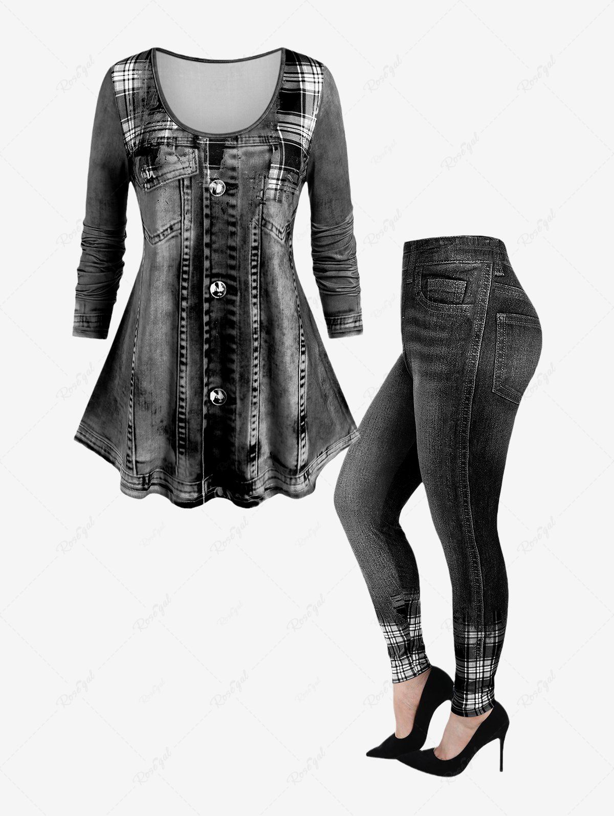 Hot 3D Denim T-shirt and Plaid Skinny Jeggings Plus Size Outfit  
