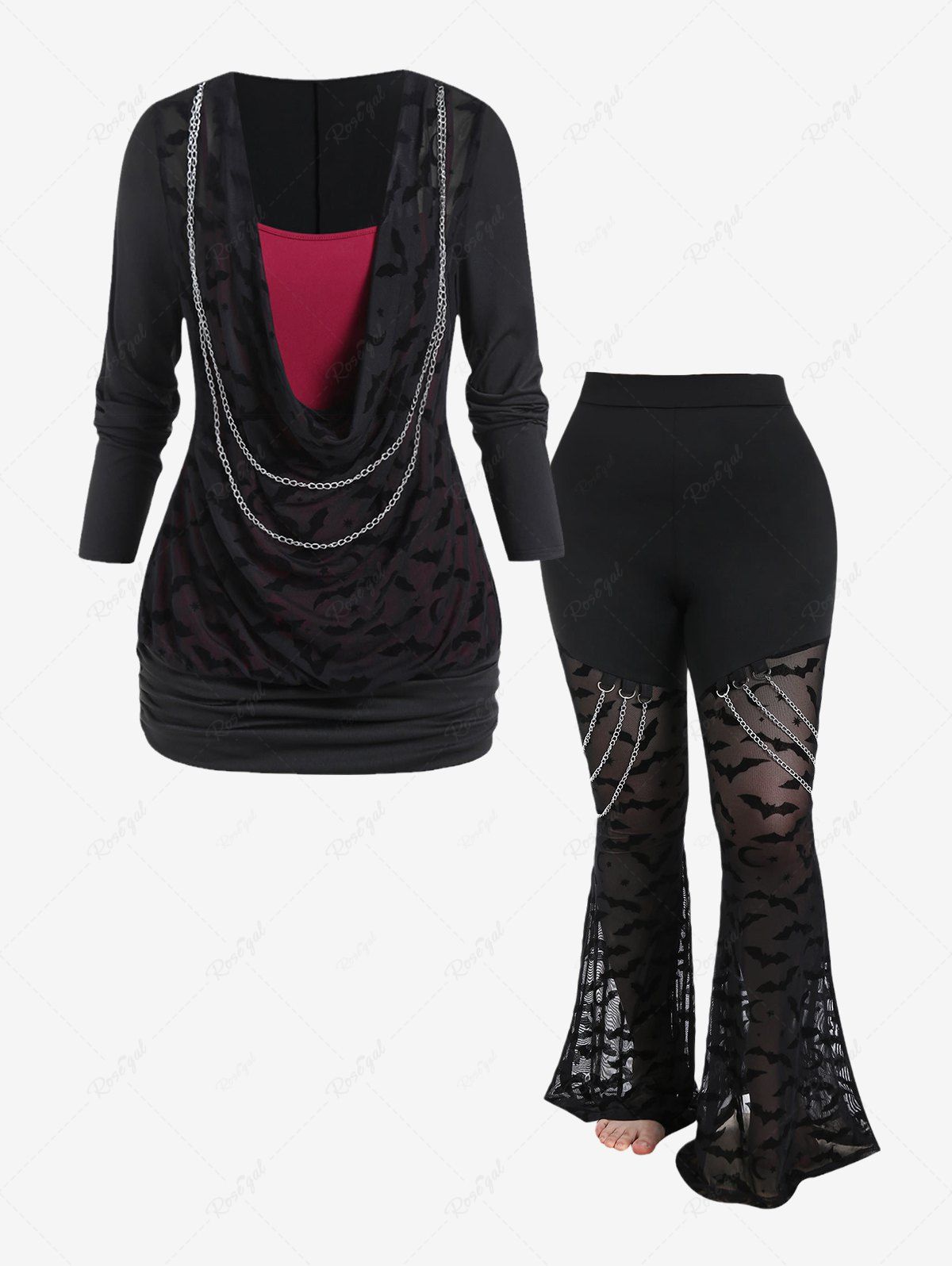 Fashion Gothic Bats Pattern Cowl Neck Chains Blouson Tee and Lace Panel Flare Pants Outfit  