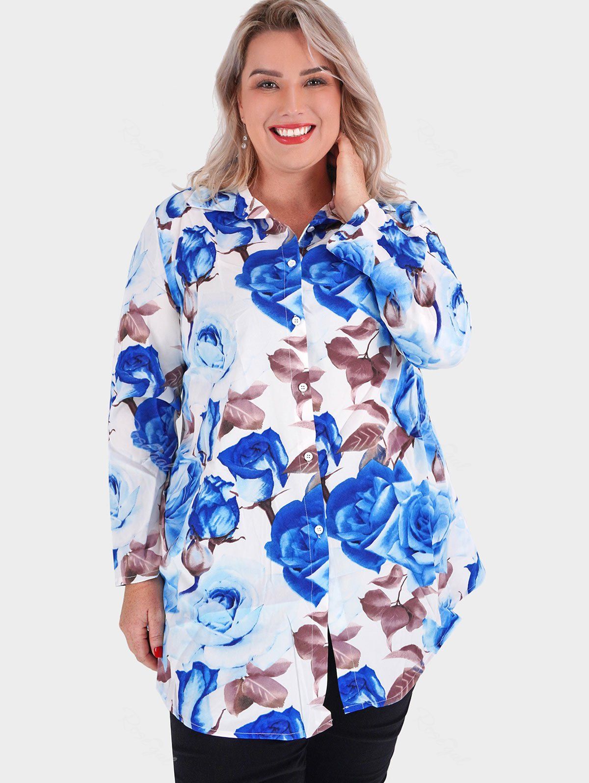 Hot Plus Size Roll Up Sleeve Floral Print Shirt  