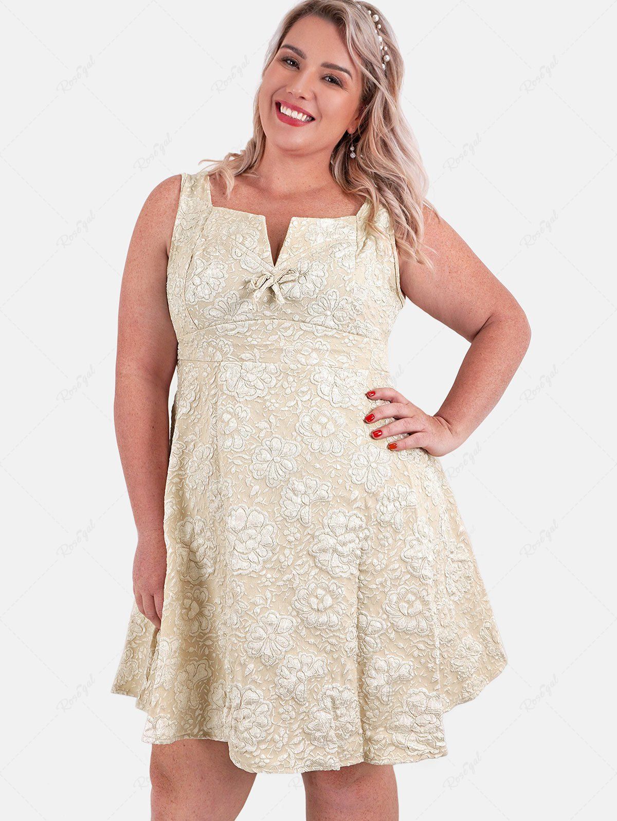 Discount Plus Size Bowknot Jacquard Fit and Flare Dress  