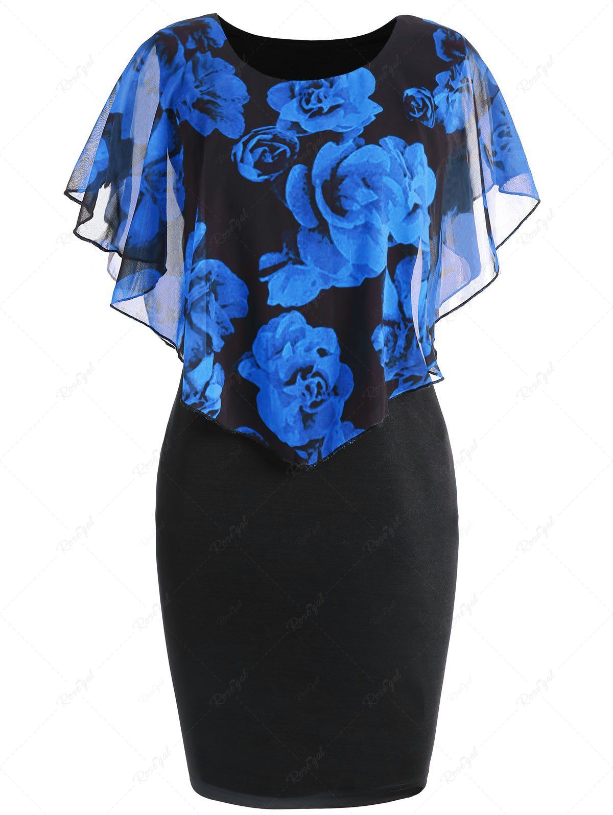 Robe Fourreau Cape Florale à Superposition Grande Taille Bleu 2XL