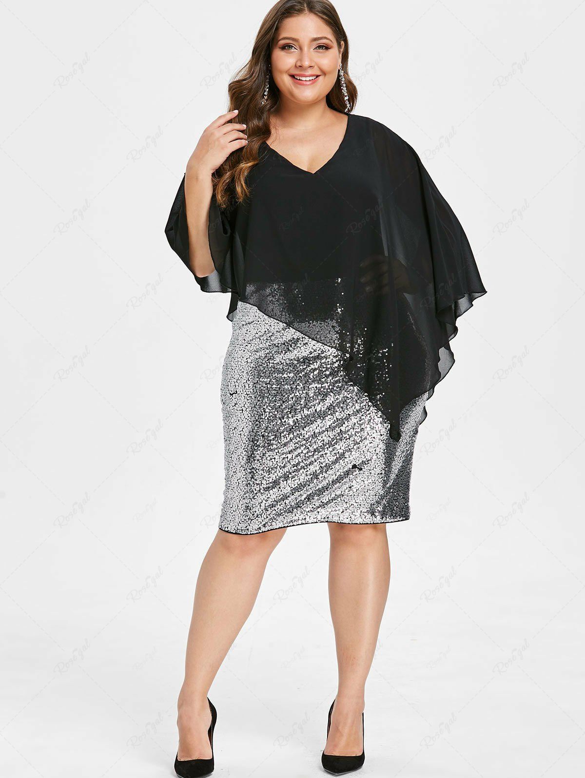Trendy Plus Size Sequins Decor Sheath Cape Dress  
