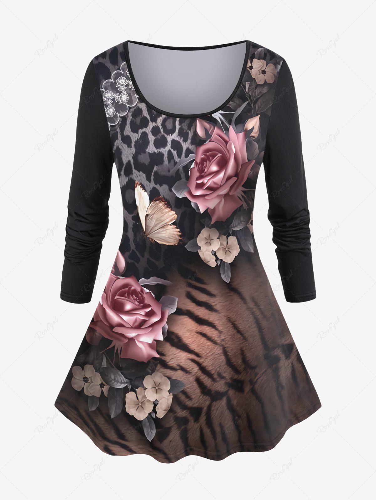 Store Plus Size Floral Leopard Long Sleeve T-shirt  